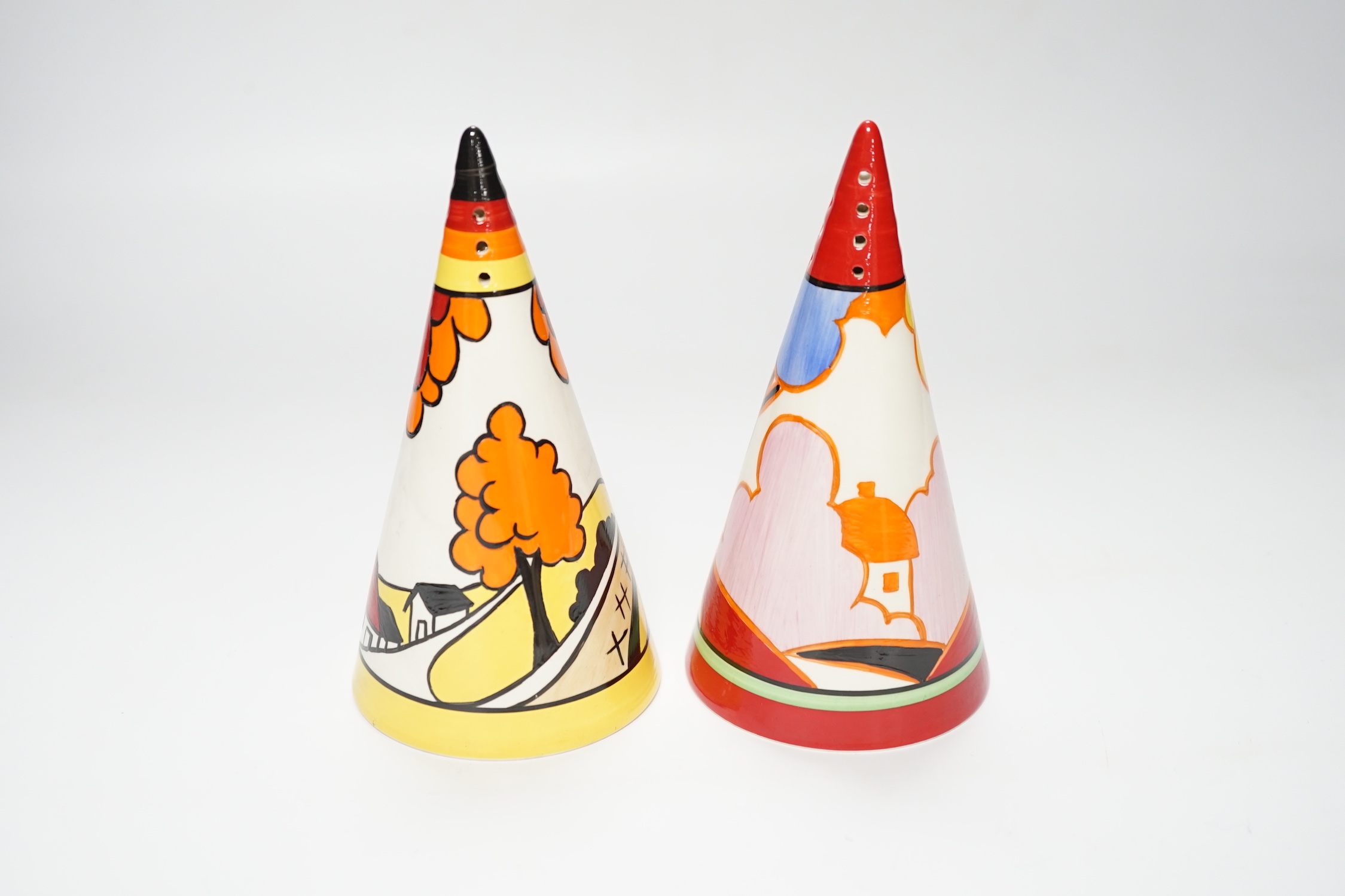 Six Wedgwood Clarice Cliff Bizarre pattern sugar shakers - Blue Autumn and House & Bridge, limited edition with boxes and certificates, 13cm